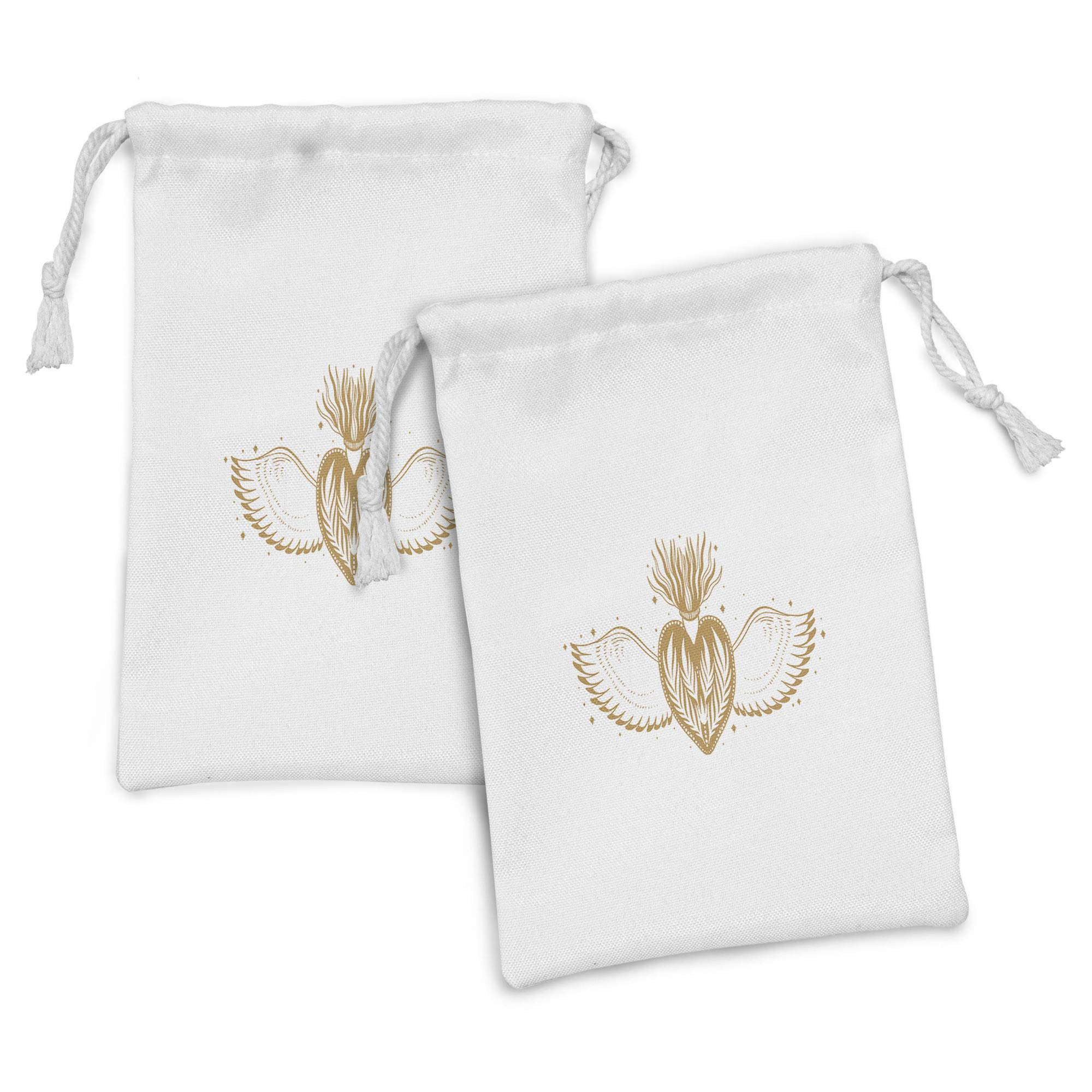 Ambesonne Alchemy Fabric Pouch Set of 2 - Monochrome Winged Heart & Crown Design Drawstring Bags (9