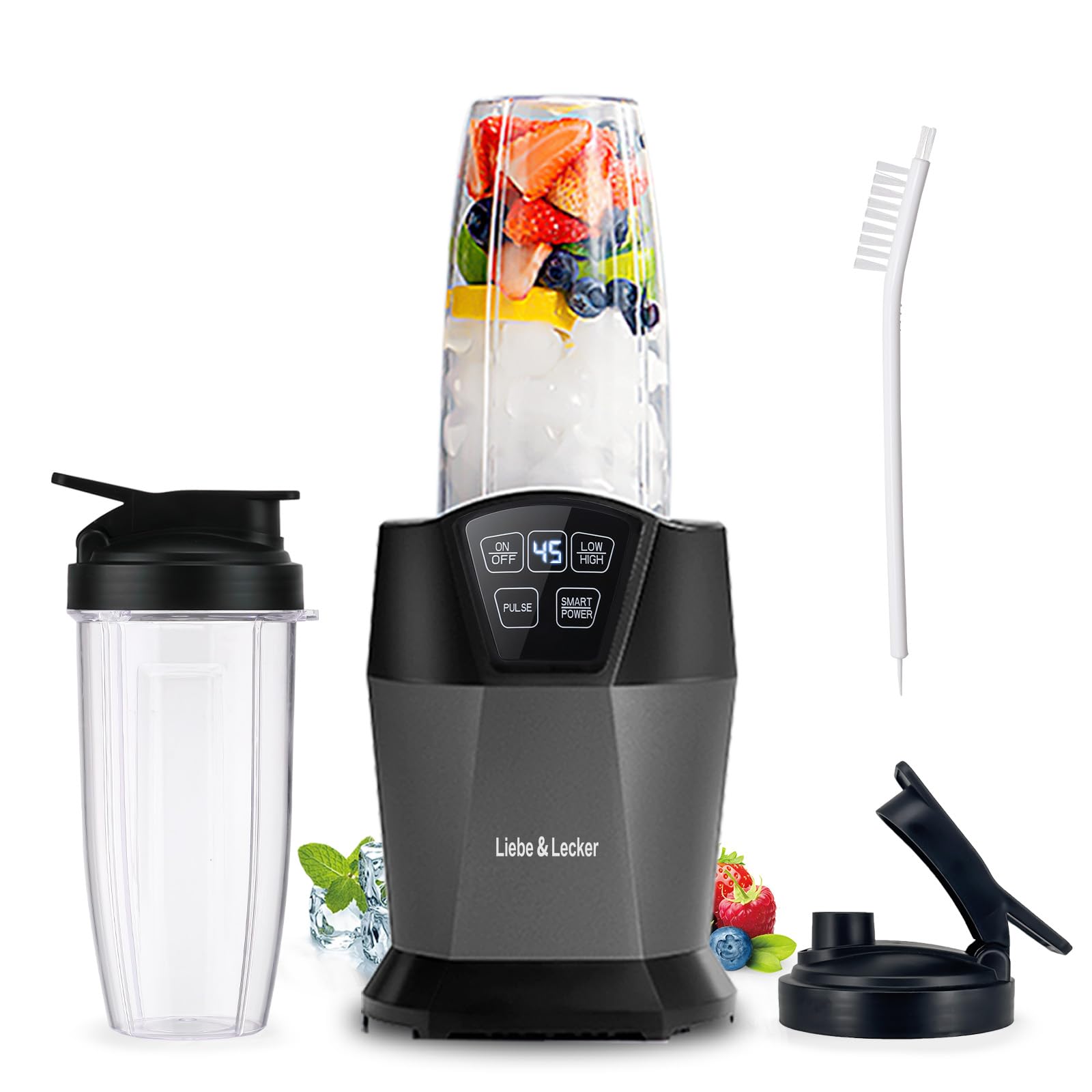 1200W High-Power Blender for Smoothies - Liebe&Lecker Professional Blender with Smart Technology, Perfect for Frozen Fruits & Ice Crushing - Includes Two 28oz Travel Cups with Leak-Proof Lids - Ideal for Healthy Breakfast, Post-Workout Shakes & Family Smoothie Making