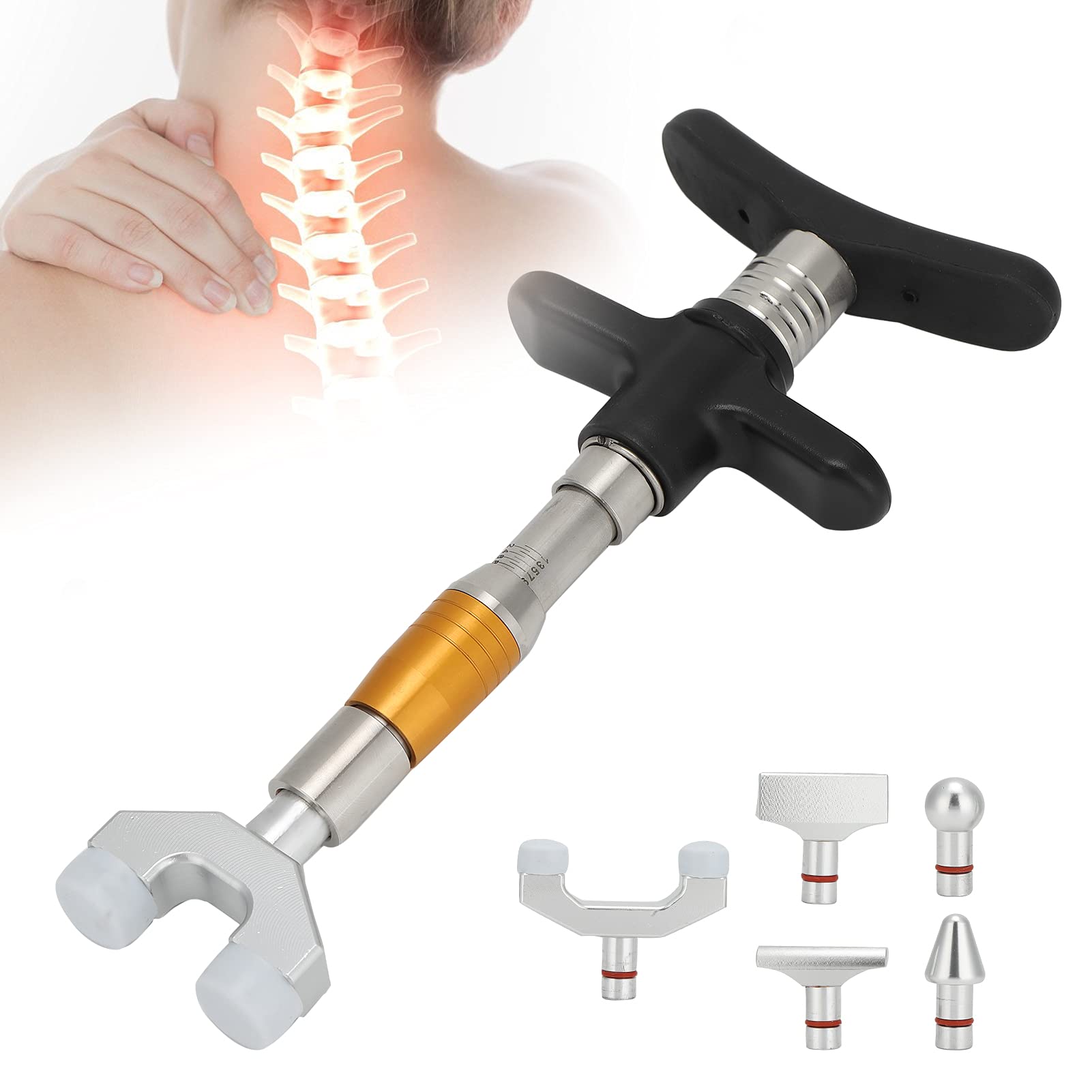 Portable Chiropractic Adjustment Tool with 6 Massage Heads - Manual Spinal Massager for Back Pain Relief, Neck Pain, Muscle Tension - Perfect for Home Use, Office, Travel & Physical Therapy