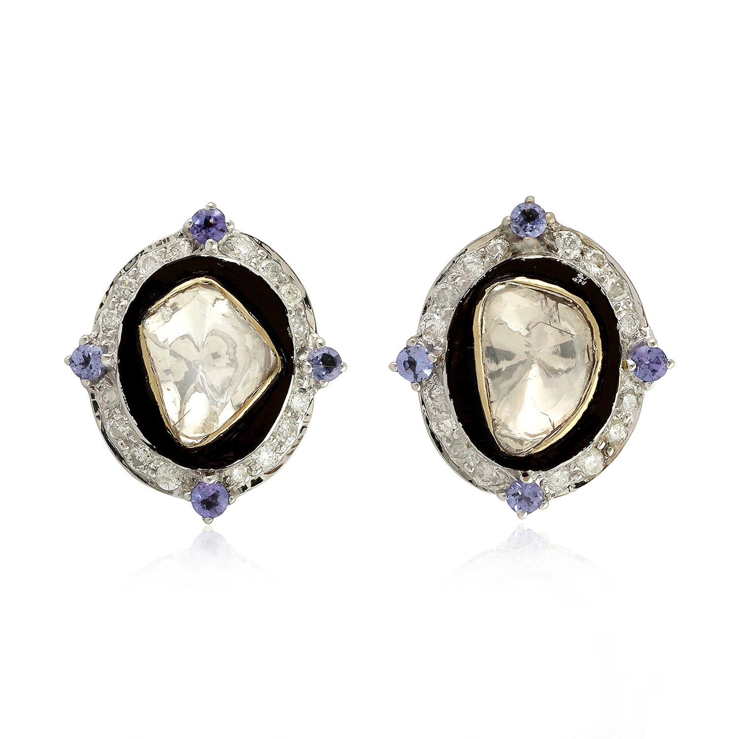 18K White Gold Rose Cut Diamond Tanzanite Stud Earrings for Women - Elegant Jewelry Gift for Anniversary, Birthday & Special Occasions