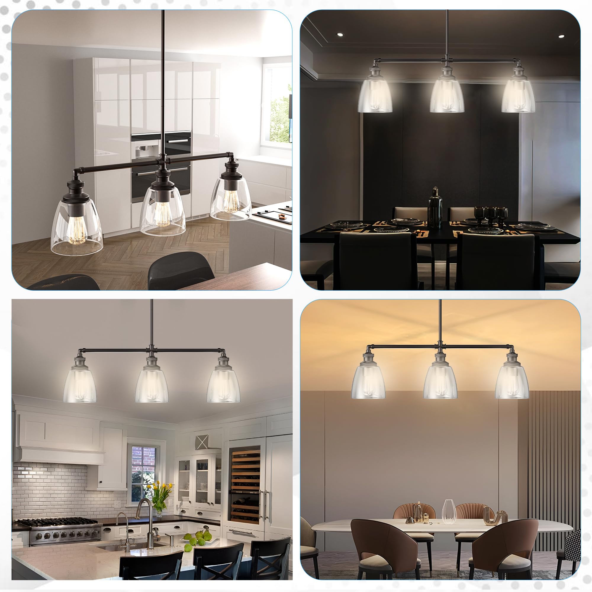 LEDMyplace 3-Light Linear Pendant Lighting Fixture - Bell Shaped Clear Glass Shade with Oil Rubbed Bronze Finish - Farmhouse & Modern Home Decor for Kitchen Island, Dining Room, Bedroom, Living Room, Hallway - E26 Base (Bulbs Not Included)