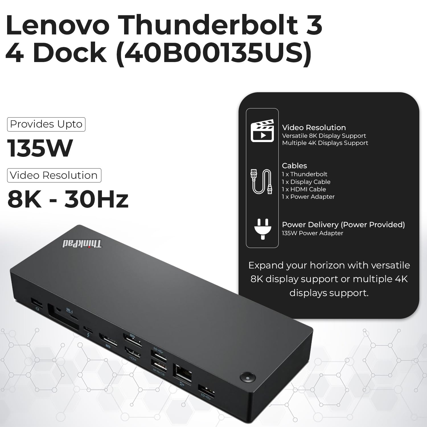 Lenovo ThinkPad Thunderbolt 4 Docking Station (40B00135US) - USB-C Laptop Dock with 135W Power Adapter, HDMI, DisplayPort & Thunderbolt Cables - Perfect for Home Office & Remote Work Setup