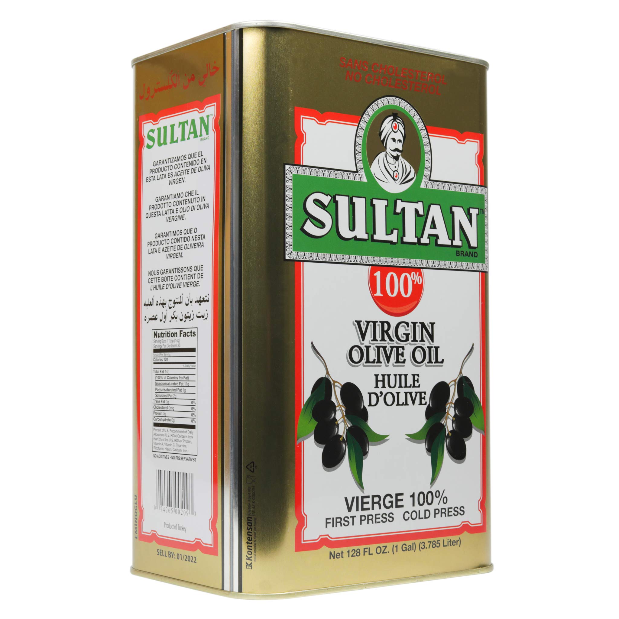 Premium Sultan Virgin Olive Oil - First Cold Pressed, 100% Pure, No Additives, No Preservatives, Cholesterol Free - 128 Fl Oz (1 Gallon) - Perfect for Cooking, Salad Dressing & Healthy Recipes