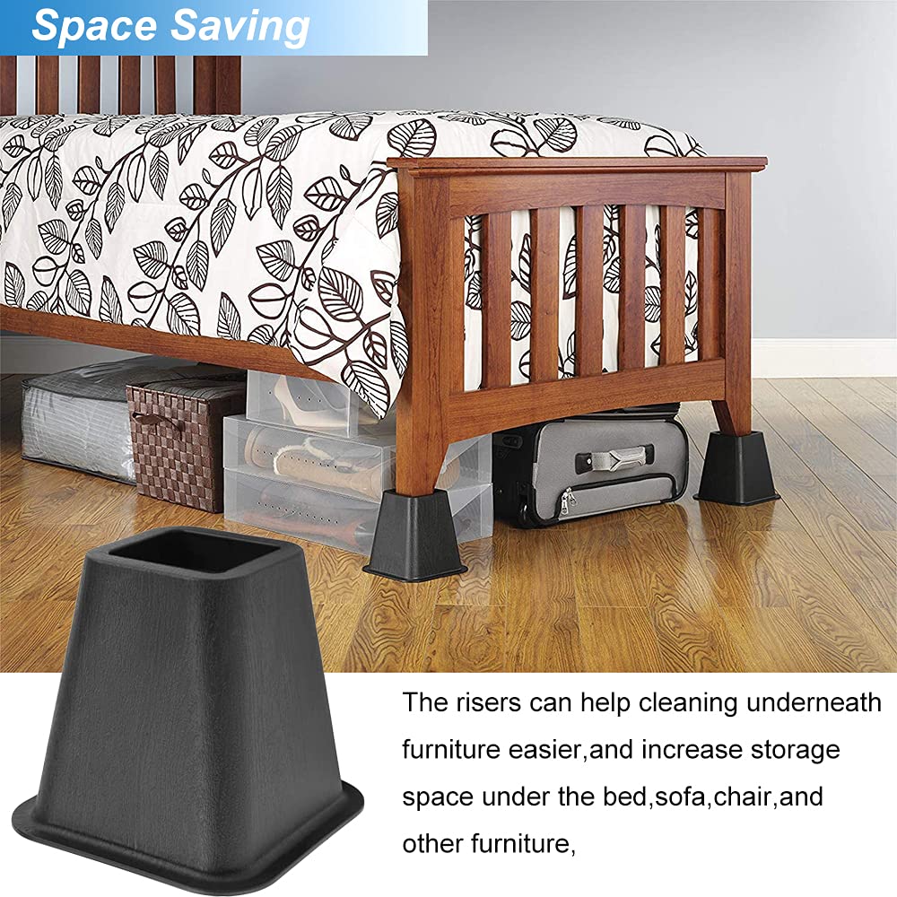 Tcatec 6 Inch Heavy Duty Square Bed Risers - Sturdy Furniture Lifts for Chairs, Couches, Beds & Tables - 4 Pack Black - Perfect for Dorm Rooms, Home Decor & Space Saving Storage