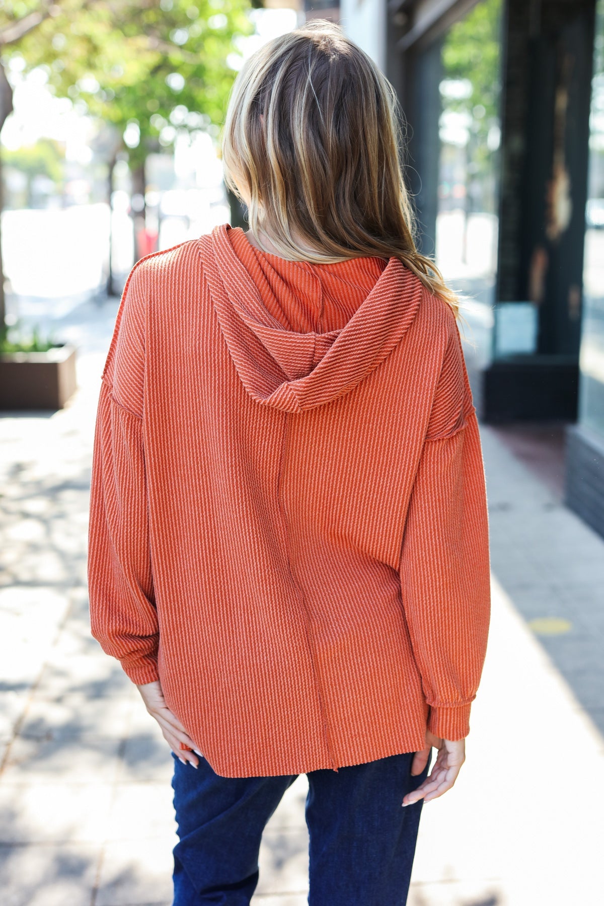 Cozy Days Rust Mineral Wash Rib Knit Hoodie - Soft Vintage Pullover for Women & Men | Perfect for Fall Layering, Casual Outfits & Loungewear