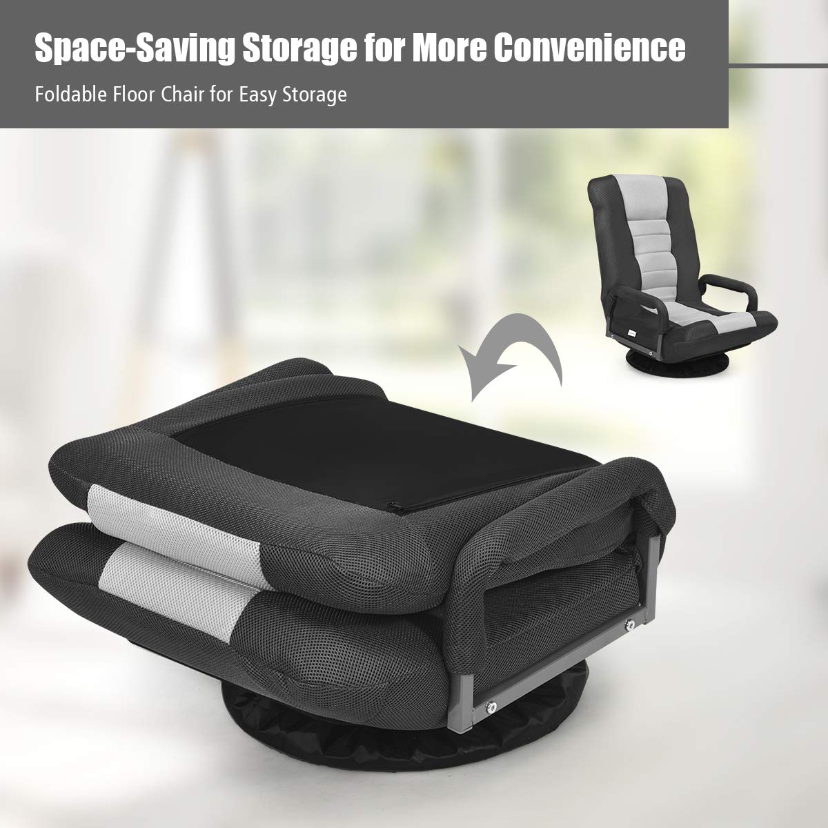 GOFLAME 360 Degree Swivel Gaming Floor Chair - Adjustable 6-Position Backrest & Armrest, Ergonomic Folding Lounge Chair for Adults - Perfect for TV Watching, Reading, Video Games & Small Space Living (Black/Grey)