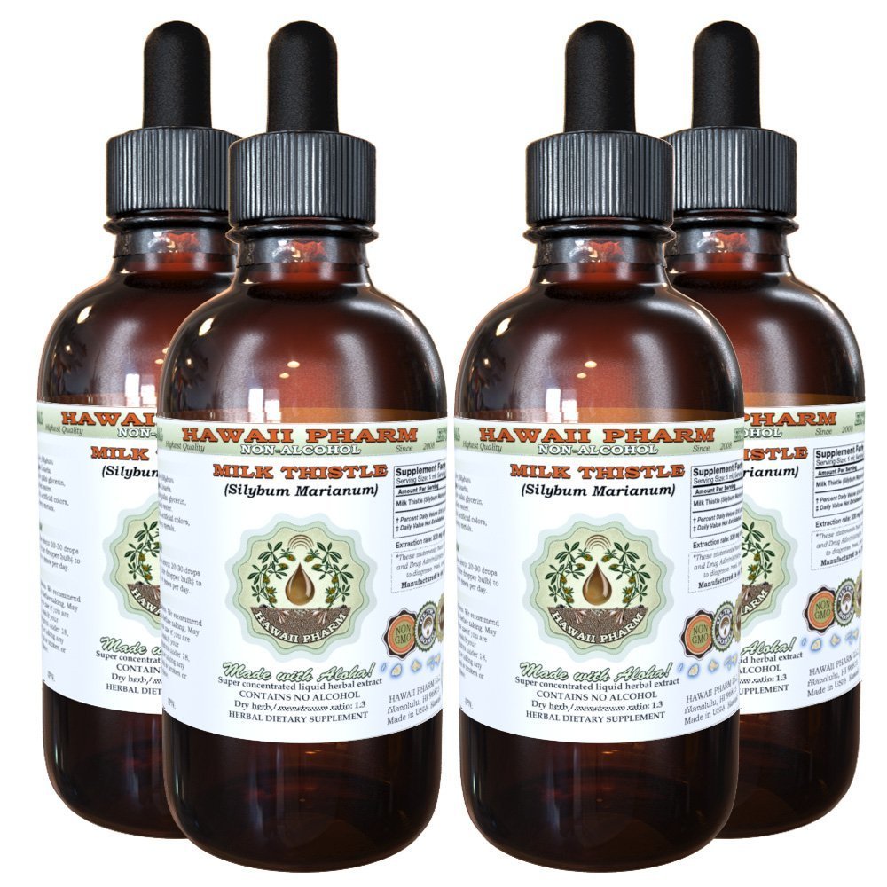 Organic Milk Thistle (Silybum marianum) Alcohol-Free Liquid Extract - Natural Herbal Supplement for Liver Support & Detox - USA Made by Hawaii Pharm - 4x4 oz Bottles - Perfect for Daily Wellness & Digestive Health