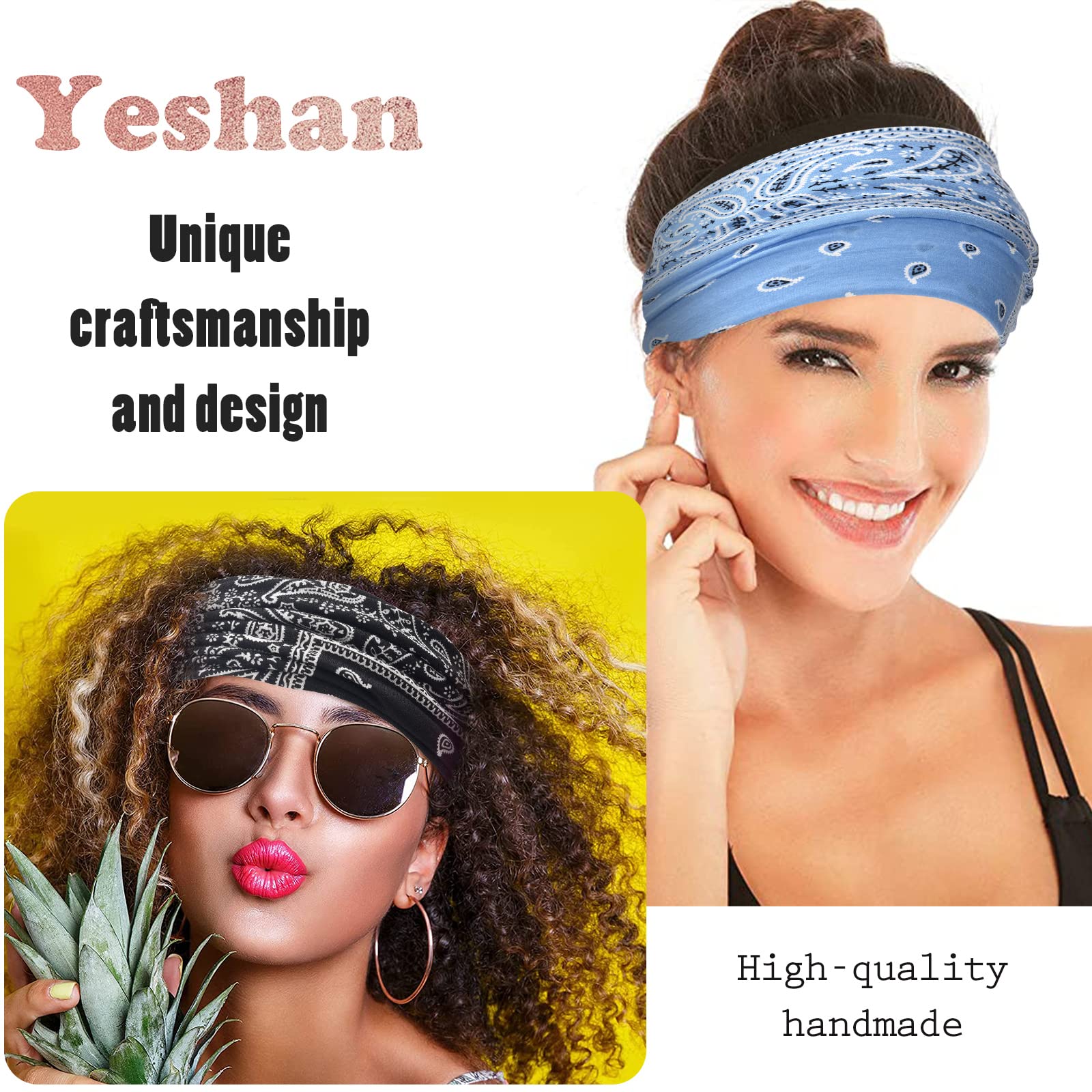 Yeshan Wide Bandana Headbands for Women - Large Stretchy Turban Head Wraps, Floral Elastic Yoga Hair Bands - Perfect for Black Women & Girls - Great for Workouts, Yoga, Running and Everyday Fashion