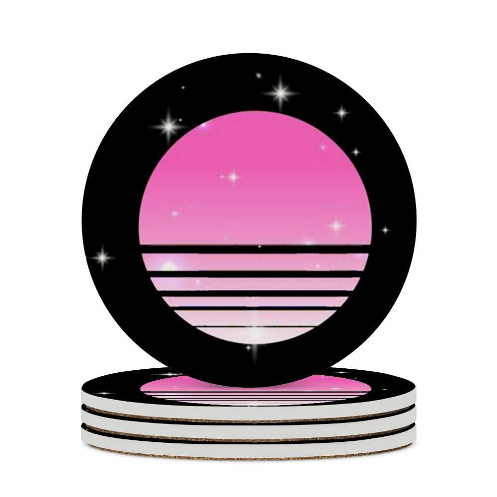 Synthwave Cyberpunk Sun Starry Sky Black Ceramic Drink Coasters Set - 3.9 Inch Absorbent Round Coasters with Cork Base for Kitchen, Bar, Apartment (2-Pack) - Perfect for Protecting Tables from Glass Stains