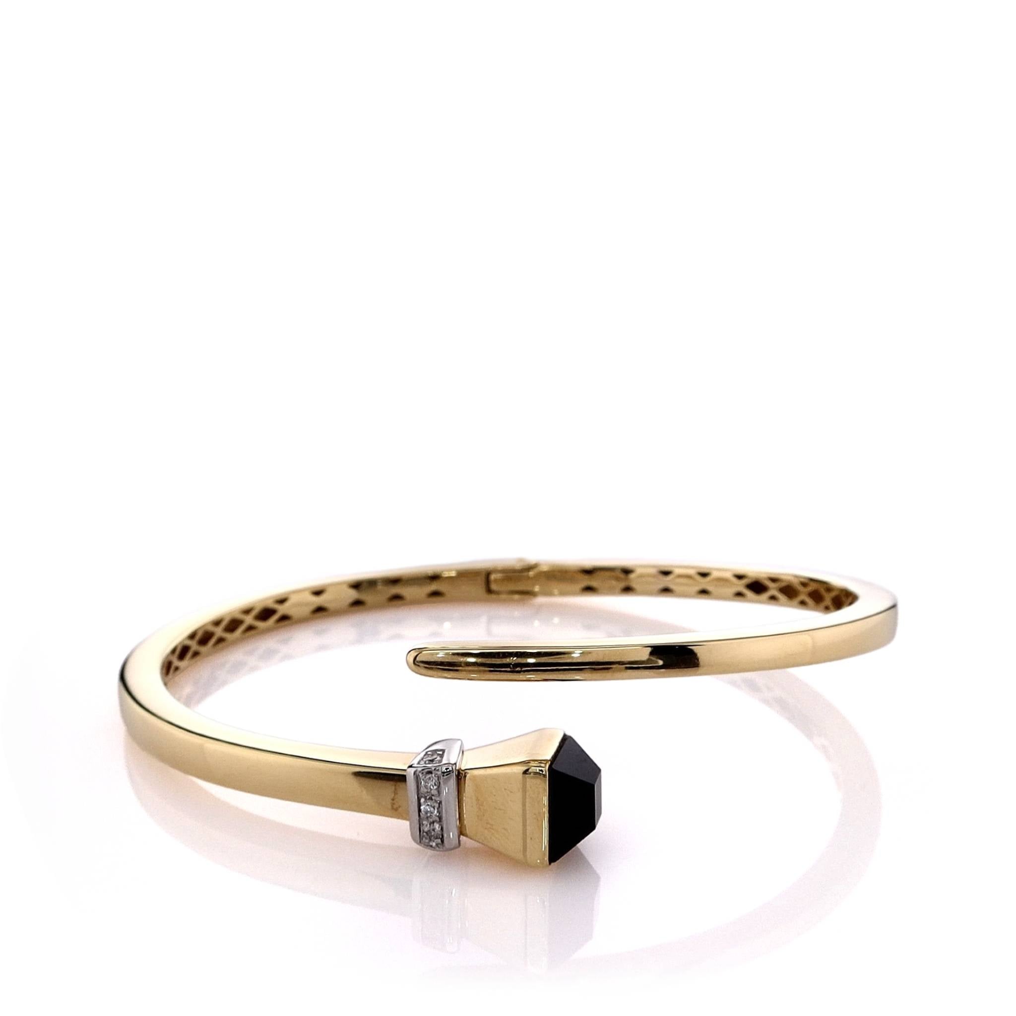 14K Yellow Gold Onyx and Diamond Wrap Bangle Bracelet for Women - Elegant Stackable Jewelry Gift for Birthday, Anniversary & Special Occasions