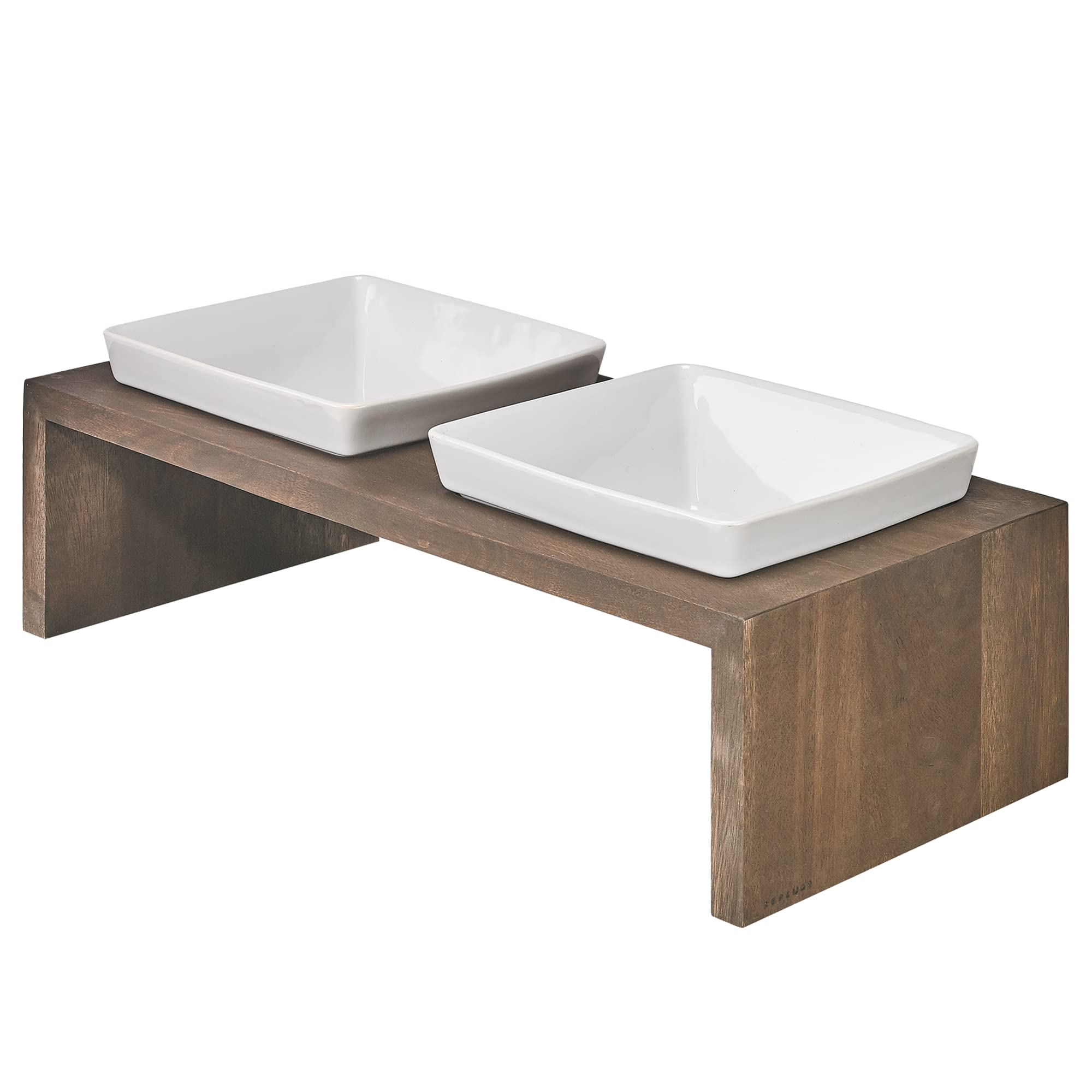 Bowsers Artisan Diner Double Dog Feeder - Handcrafted Rubberwood Frame with Square Ceramic Bowls for Medium Dogs - Walnut, 22