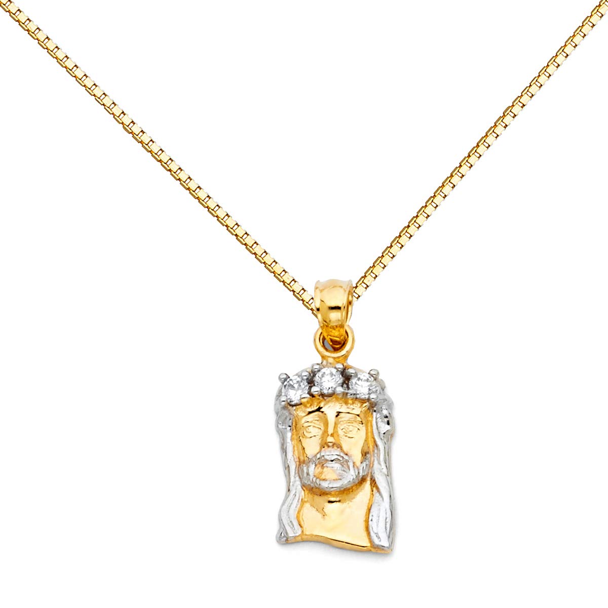 14K Two Tone Gold Jesus Face Religious Pendant Charm Box Chain Necklace - Perfect for Church, Baptism, First Communion & Spiritual Gifts