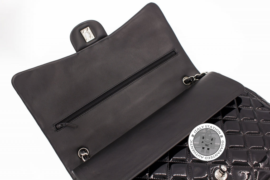 Chanel Classic CC A58601 Black Patent Leather Maxi Shoulder Bag with Silver Hardware - Restored Color | Luxury Designer Handbag for Women, Perfect for Evening Events & Special Occasions