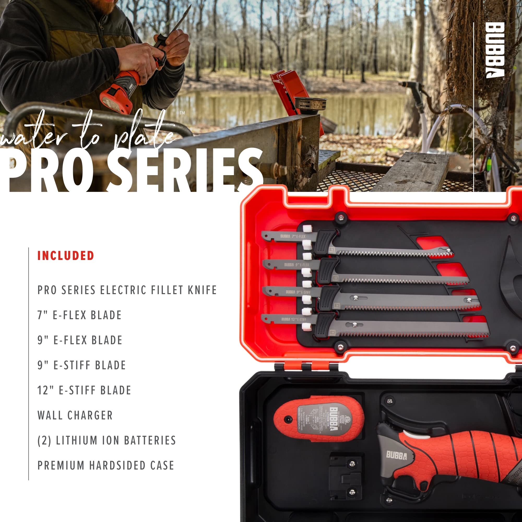 Bubba Pro Series Lithium-Ion Electric Fillet Knife - Non-Slip Grip Handle, 4 Titanium Nitride Coated Stainless Steel Blades, Includes Charger & Case - Perfect for Fishing, Camping, and Outdoor Cooking