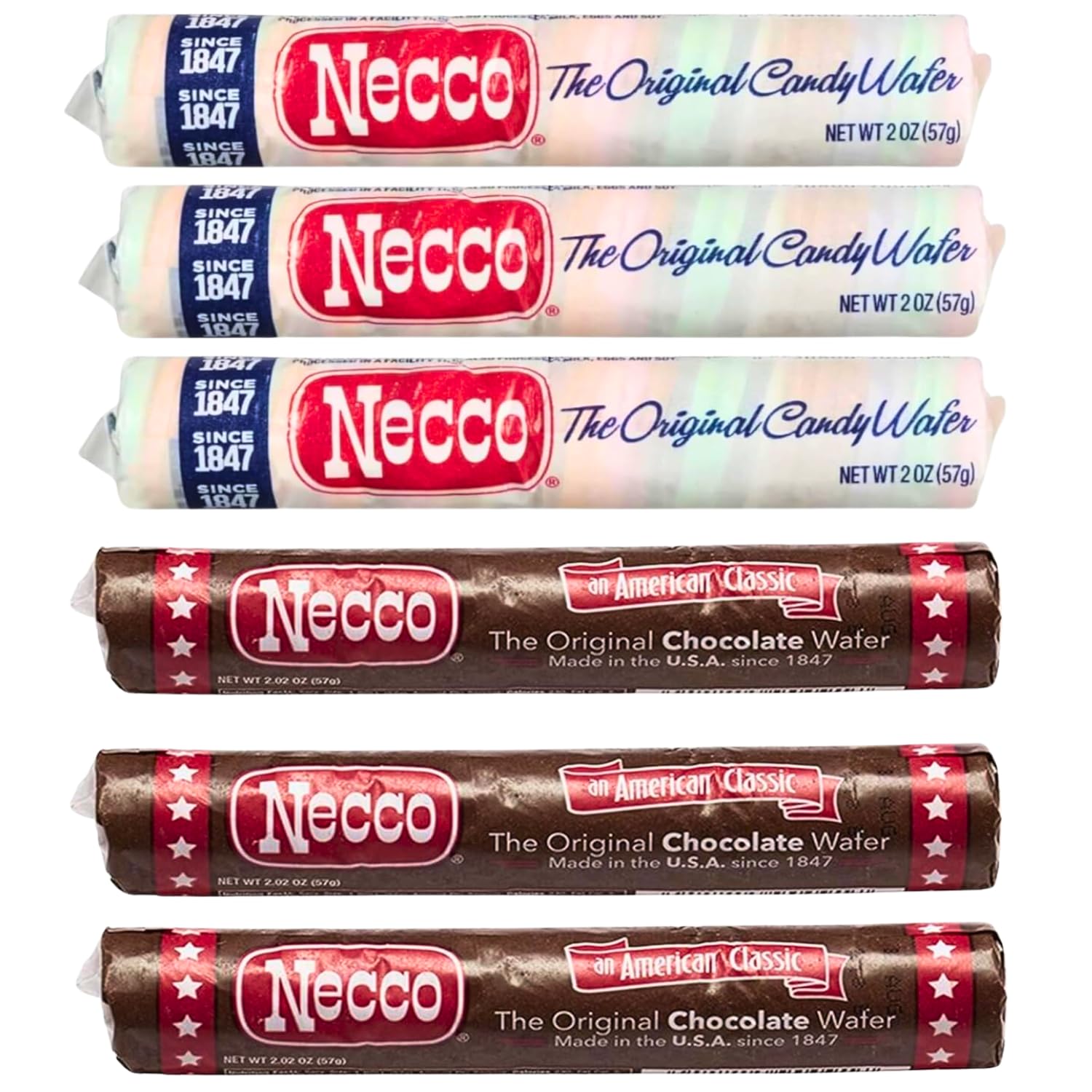 Necco Wafers Variety Pack - 6 Rolls (3 Chocolate & 3 Assorted Flavors) - Original Wafer Candy Gift Set - Classic American Snack for Parties, Halloween Treats & Nostalgic Gifting