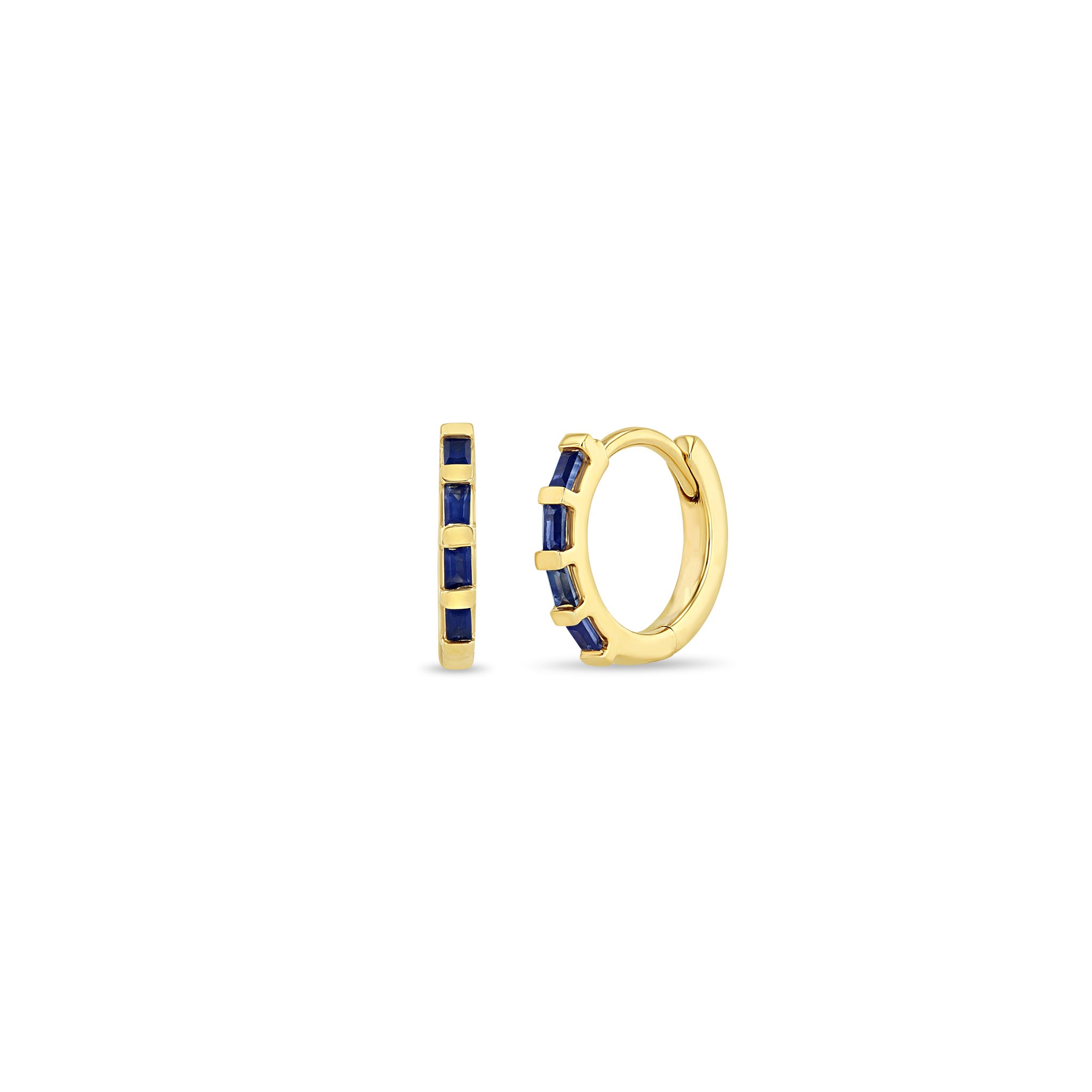 14K Gold Baguette Blue Sapphire Hinge Huggie Hoop Earrings for Women - Perfect for Everyday Wear, Parties & Special Occasions