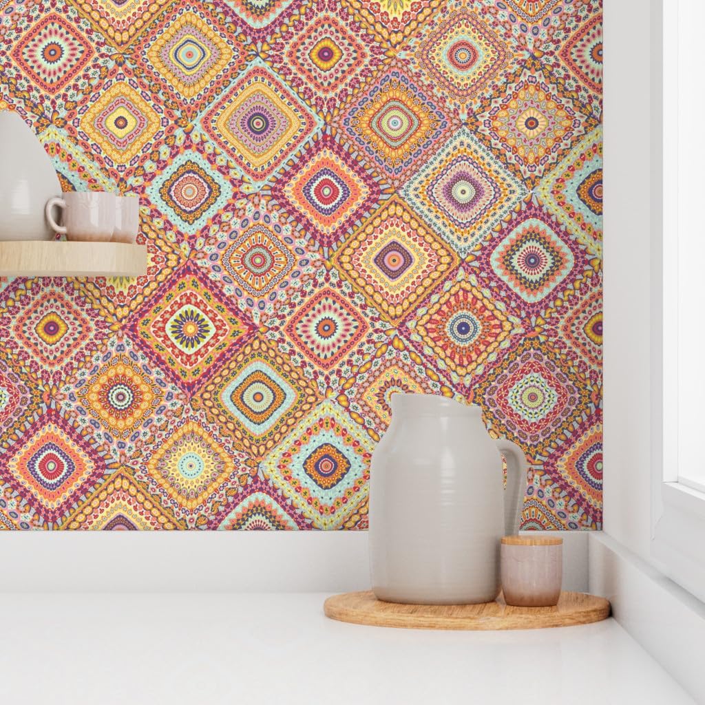 Peel & Stick Removable Wallpaper 9ft x 2ft - Spring Floral Kaleidoscope Boho Design for Bedroom, Living Room & Nursery | Easy DIY Home Decor by Spoonflower