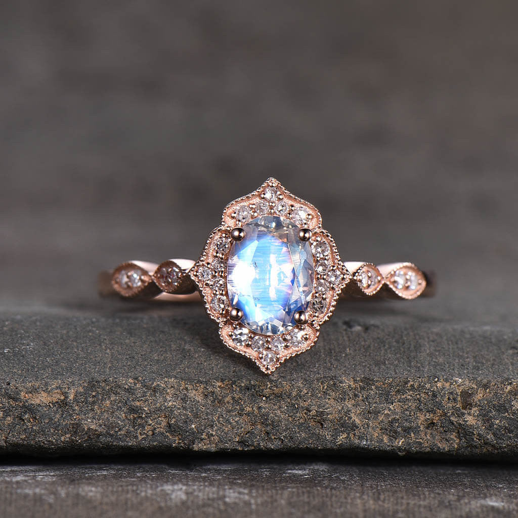 Vintage Moonstone Halo Engagement Ring - Rose Gold Milgrain Faceted June Birthstone Jewelry for Wedding, Proposal & Anniversary Gifts