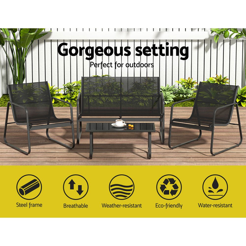 4-Piece Outdoor Patio Furniture Set - Black Metal Garden Dining Table and Chairs for Backyard, Deck, or Poolside Relaxation