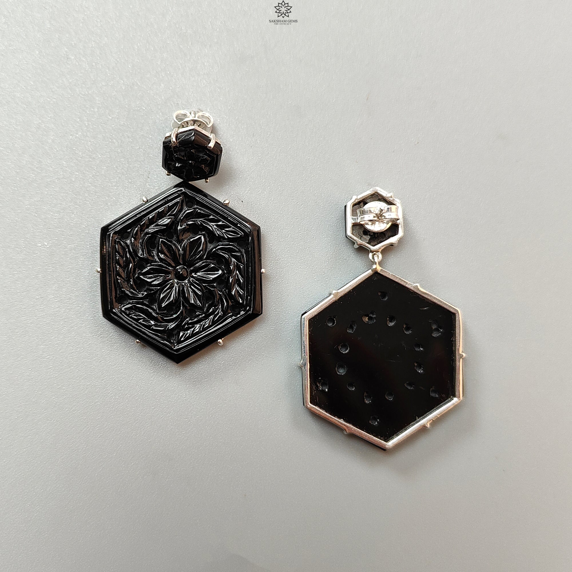 Black Onyx Hexagon Stud Earrings - 925 Sterling Silver Prong Set with Push Back, Hand Carved Natural Onyx (19.55g) - Perfect for Evening Wear, Weddings & Special Occasions