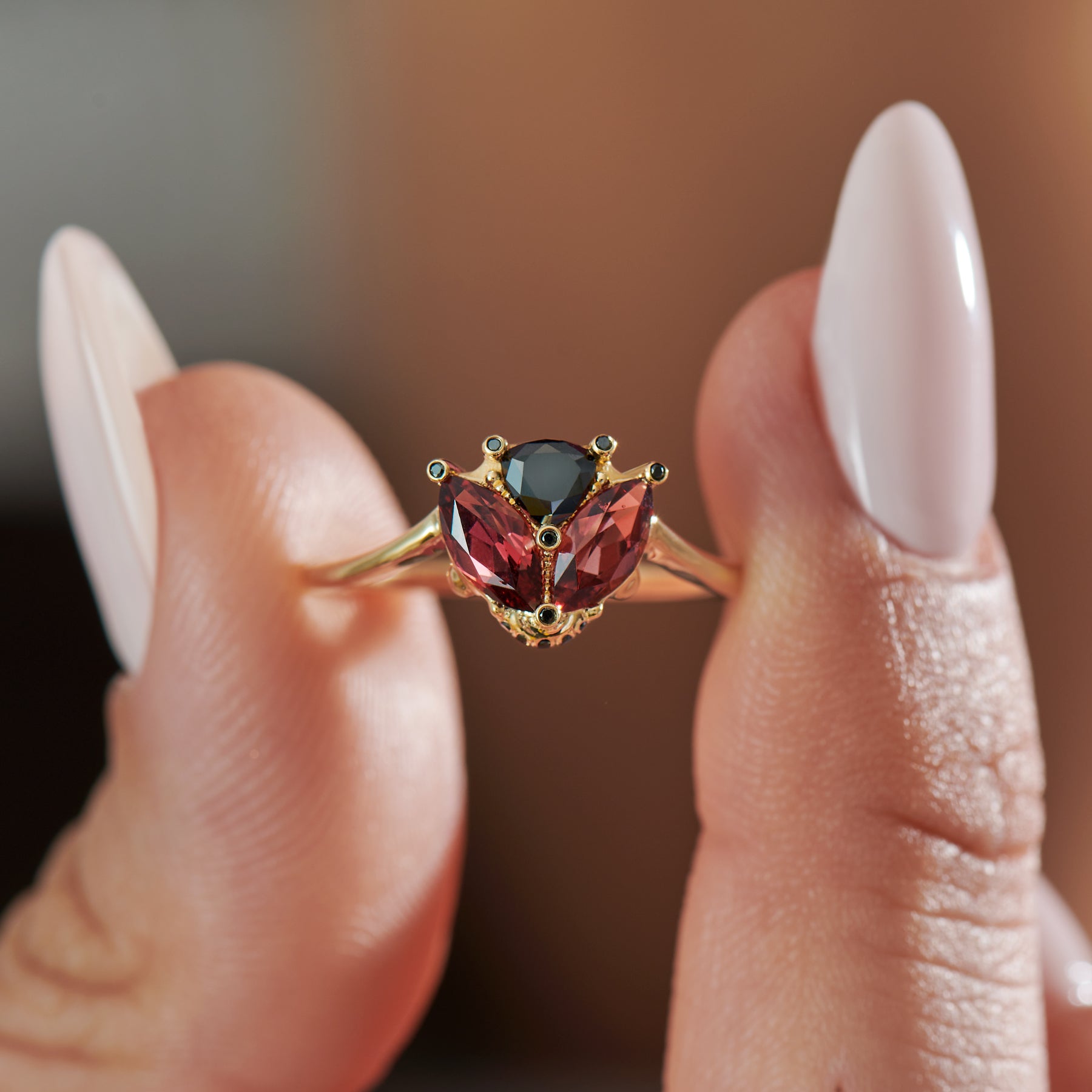 Ladybug Red Garnet & Black Diamond Ring for Women - Elegant Jewelry Gift for Birthdays, Anniversaries & Special Occasions
