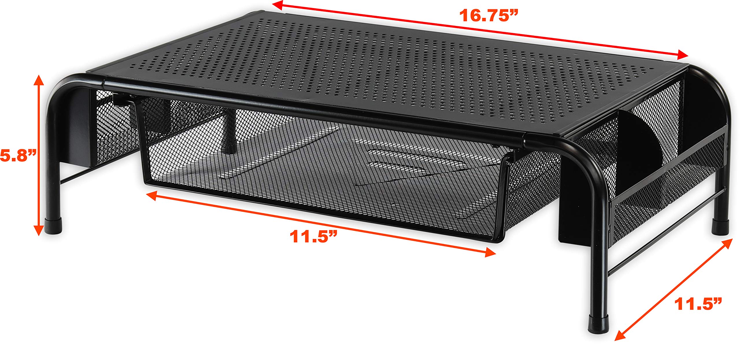 Ergonomic Metal Monitor Stand Riser with Storage Drawer - Space Saving Desk Organizer for Home Office, Gaming Setup & Workspace (Black)