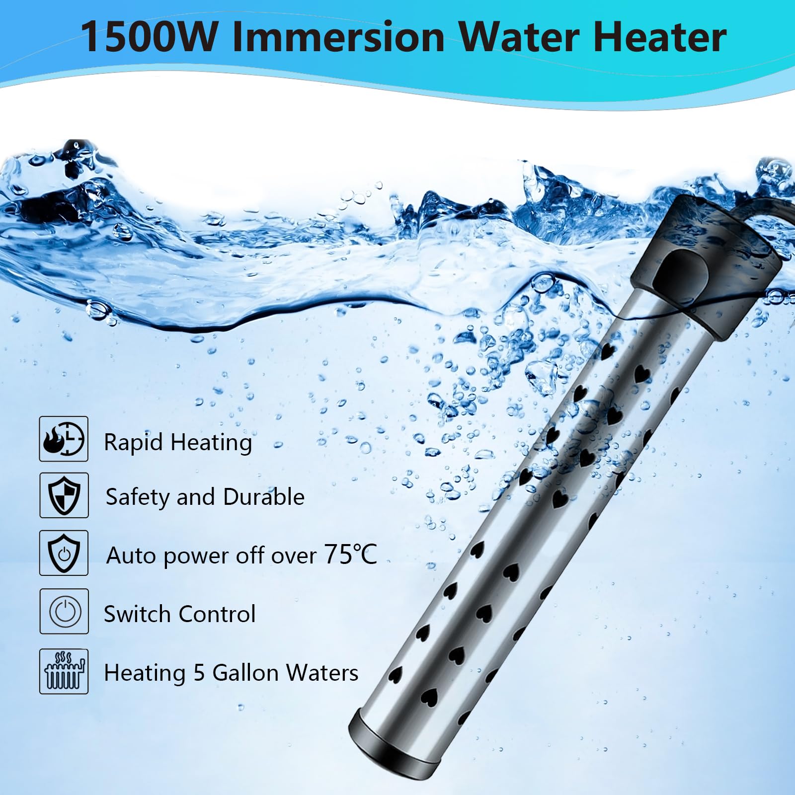 1500W Portable Electric Submersible Water Heater for Inflatable Pools & Bathtubs - Thermostatic Control with On/Off Switch - 304 Stainless Steel Guard - Ideal for Above Ground Swimming Pools, Hot Tubs, and Bucket Heating
