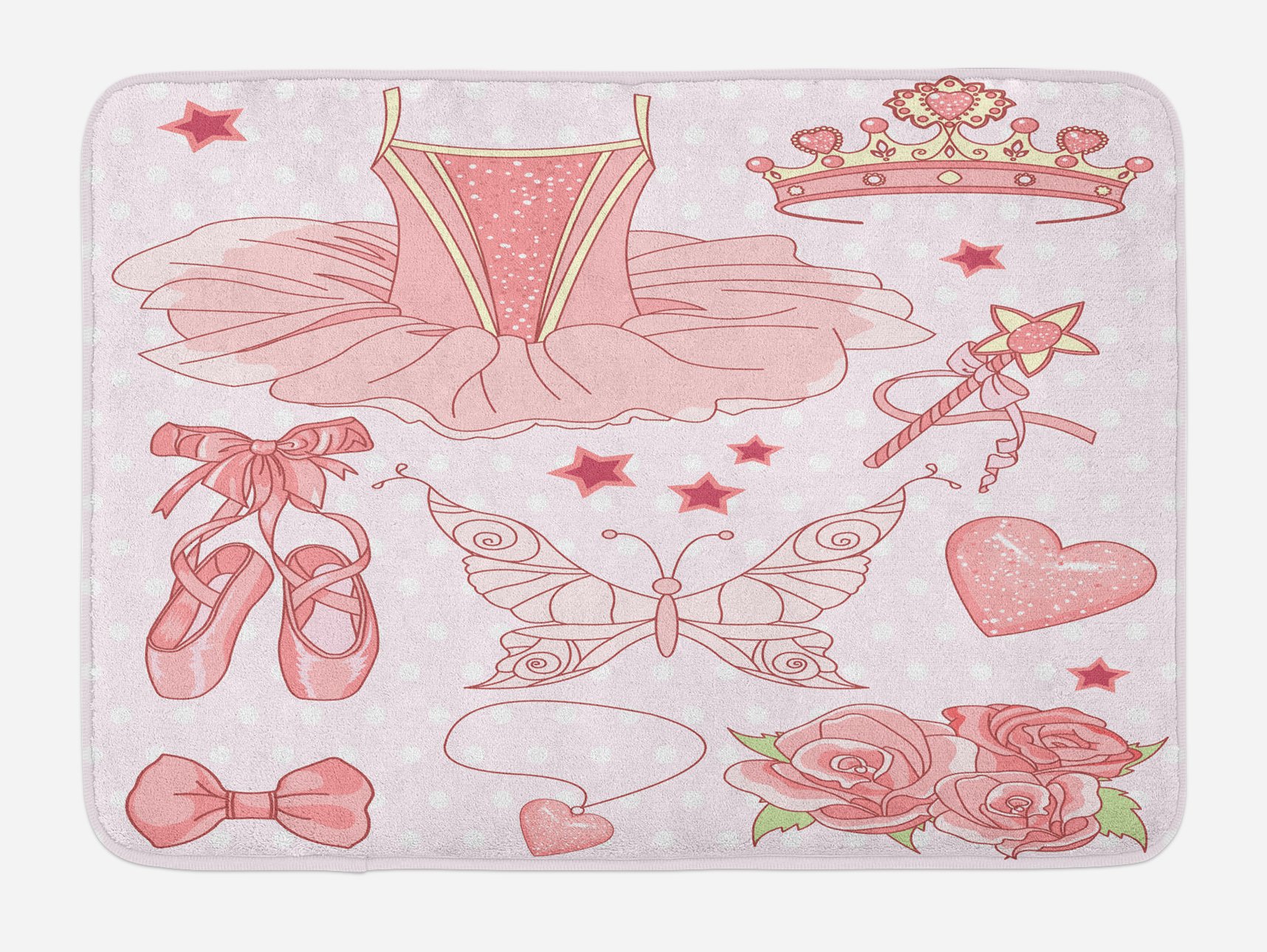 Lunarable Cartoon Ballerina Bath Mat - Non-Slip Plush Bathroom Rug with Classic Costume Shoes & Tiara Roses Design, 30.2 x 20 Inches, Pale Pink - Perfect for Kids' Bathroom, Ballet Theme Decor & Gift