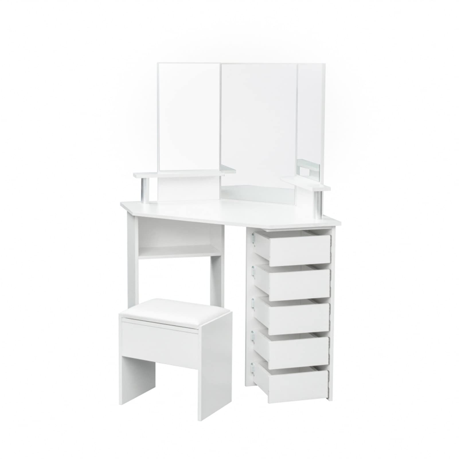 BZGWECD White Wooden Vanity Desk with 3-Fold Mirror & 5 Rotating Drawers - Modern Corner Makeup Dressing Table for Bedroom, Perfect for Small Spaces & Daily Beauty Routine