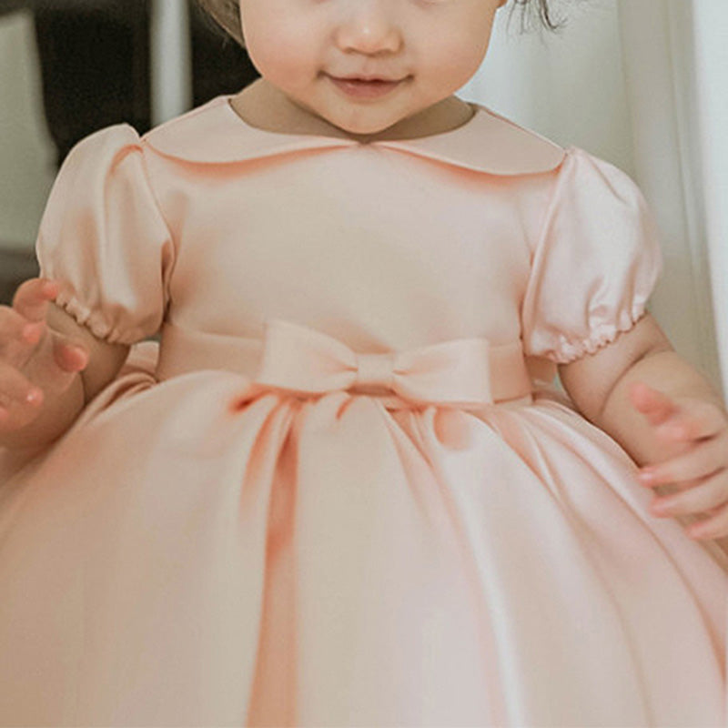 Pink Satin Princess Flower Girl Dress with Collar & Puff Sleeves - Perfect for Weddings, Birthday Parties & Special Occasions