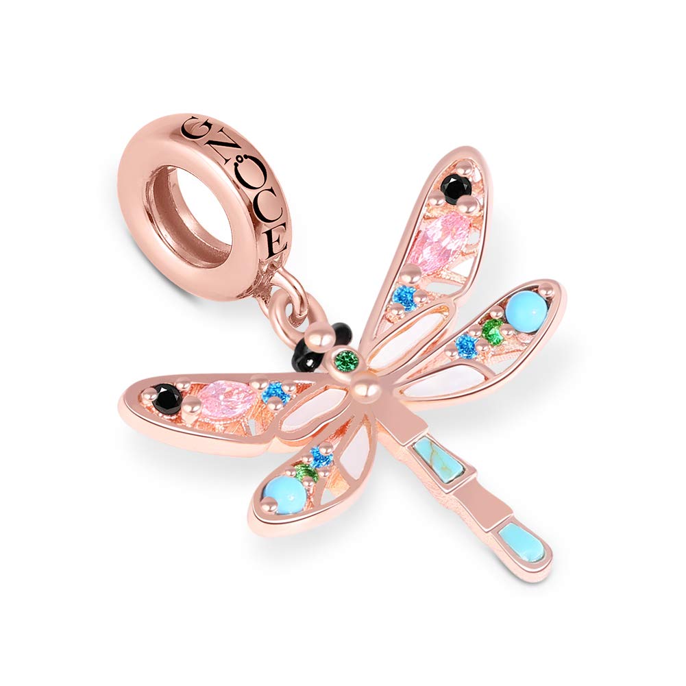 GNOCE Dragonfly Charm Pendant - Sterling Silver 18k Rose Gold Plated Dangle Charm with Turquoise for Women's Bracelet & Necklace | Perfect for Everyday Wear, Gift Giving & Special Occasions