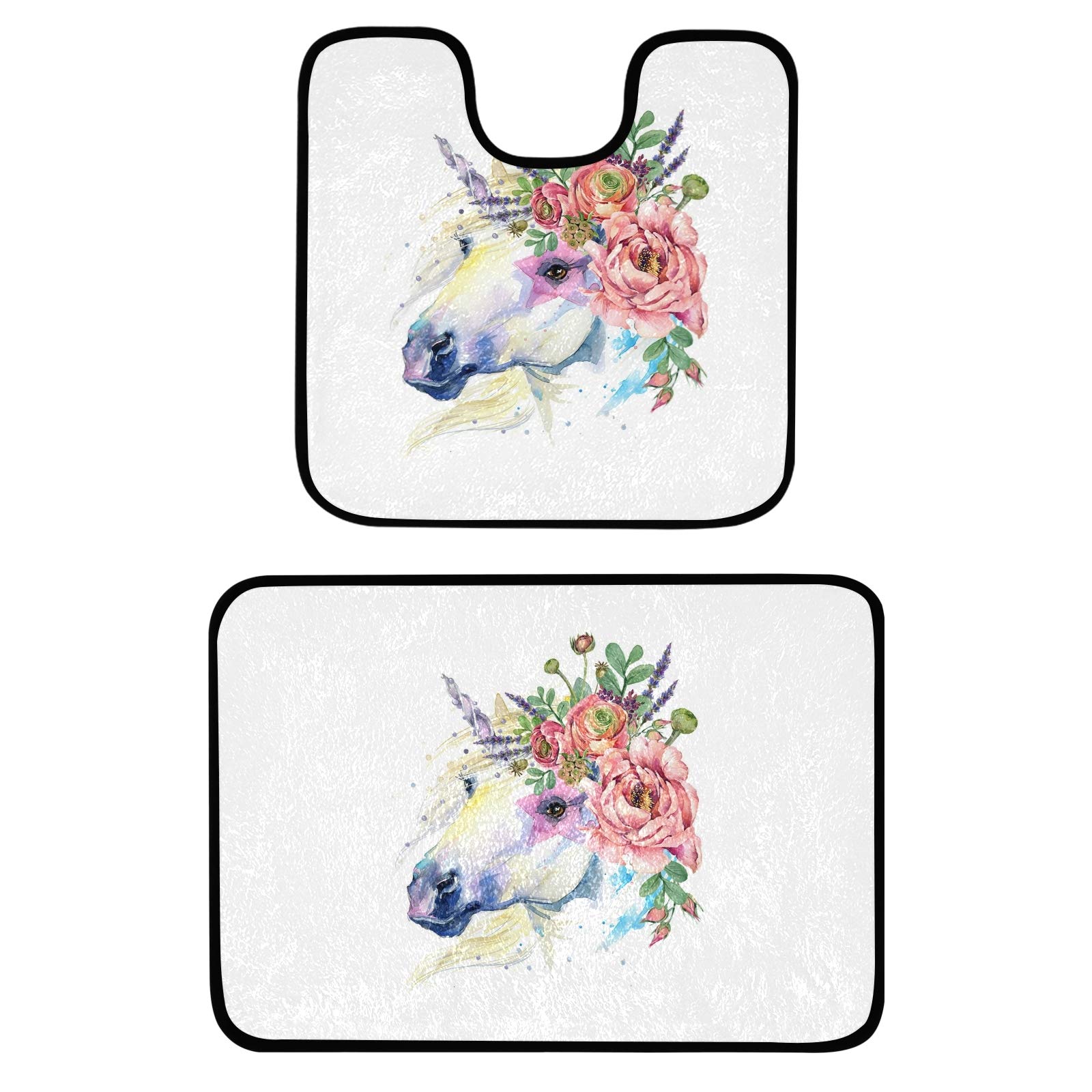 **2-Piece Unicorn White Horse with Red Flowers & Green Leaves Bathroom Rug Set - Super Soft Microfiber Plush, Absorbent, Non-Slip Bath & Shower Mat, U-Shaped Toilet Contour Rug - Perfect for Kids' Bathroom, Nursery, or Fantasy-Themed Decor**