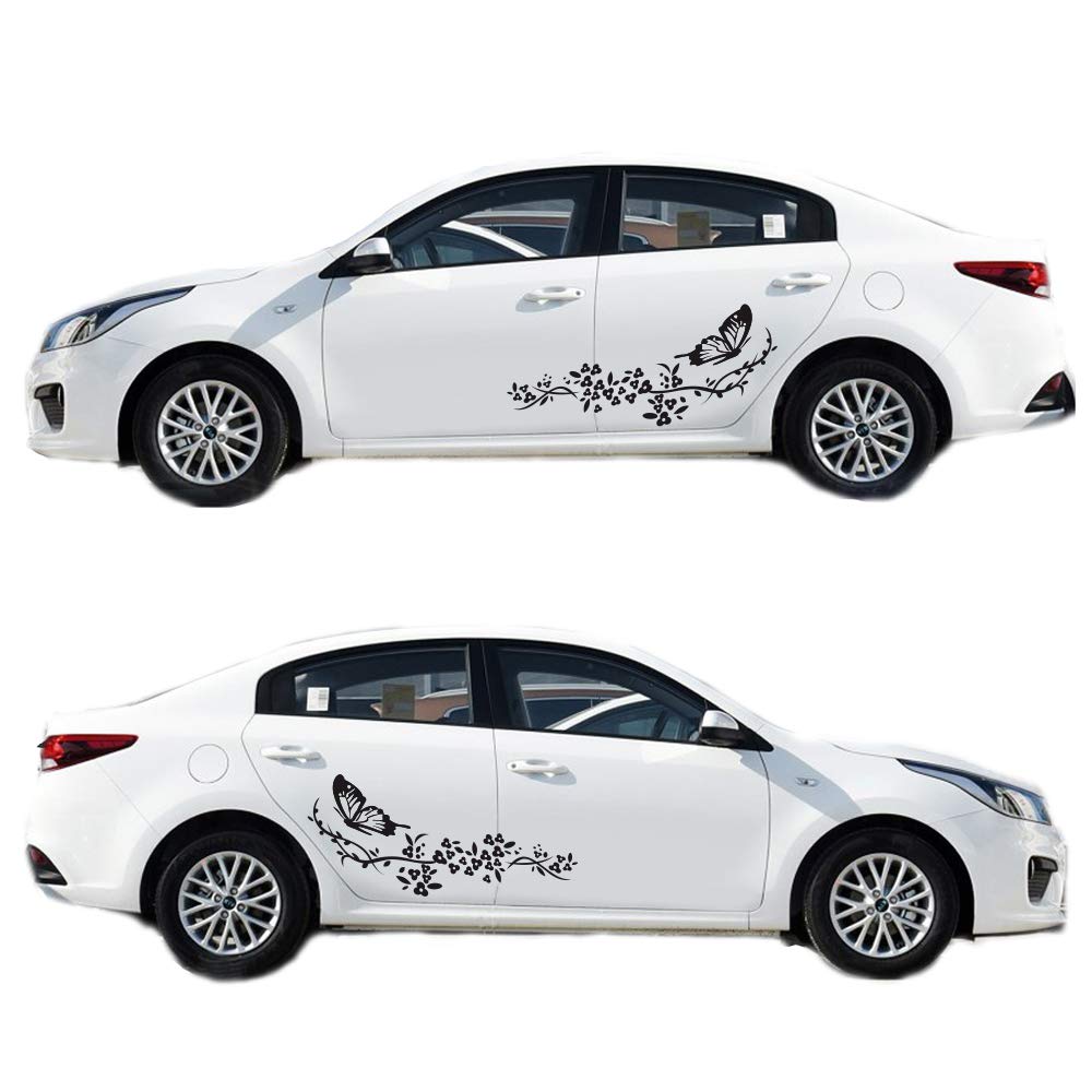Butterfly Flower Car Decal Stickers - Black Vinyl Decals for Both Car Body Sides - Perfect for Car Customization, Personalization & Exterior Decoration