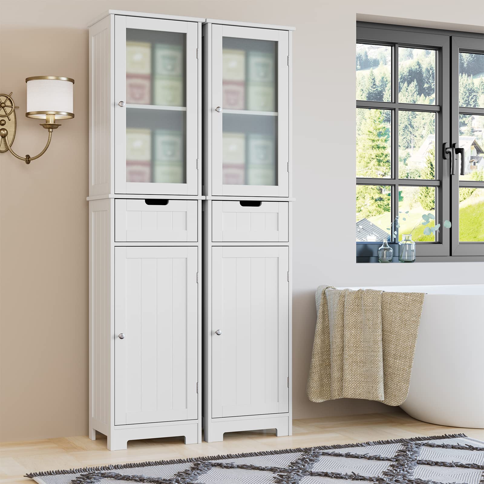HORSTORS White Bathroom Storage Cabinet - 2 Door & 1 Drawer Freestanding Floor Cabinet with Adjustable Shelves - Tall Narrow Cabinet for Bathroom, Living Room, Home Office - Perfect for Organizing Towels, Toiletries & Office Supplies