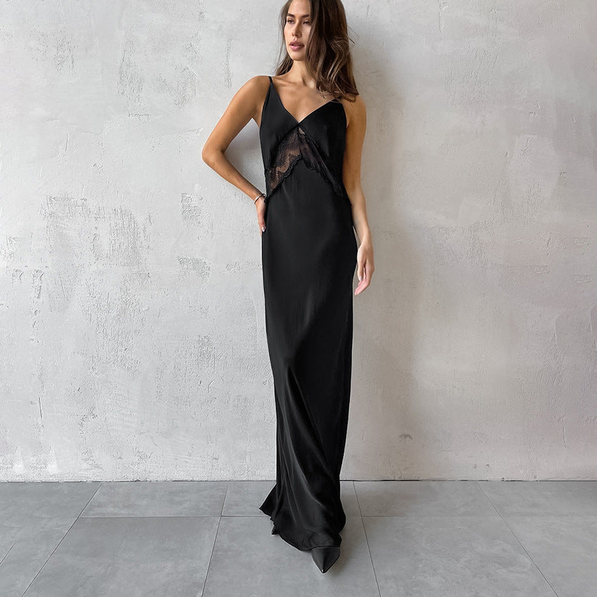 2025 Fashionable Sexy V-Neck Satin Acetate Slim Straight Dress for Women - Wholesale Spring Suspender Dress, Perfect for Parties, Dates & Special Occasions