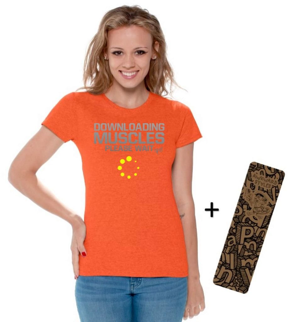 Awkwardstyles Funny Women's 'Downloading Muscles Please Wait' Graphic T-Shirt with Free Bookmark - Gym Workout Humor & Geek Gift for Fitness Lovers