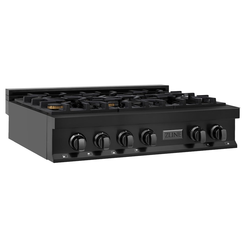 ZLINE 36 Inch Black Stainless Steel Gas Rangetop with 6 Brass Burners & Porcelain Cooktop - Professional Legacy Series (RTB BR 36) - Perfect for Home Kitchens & Gourmet Cooking