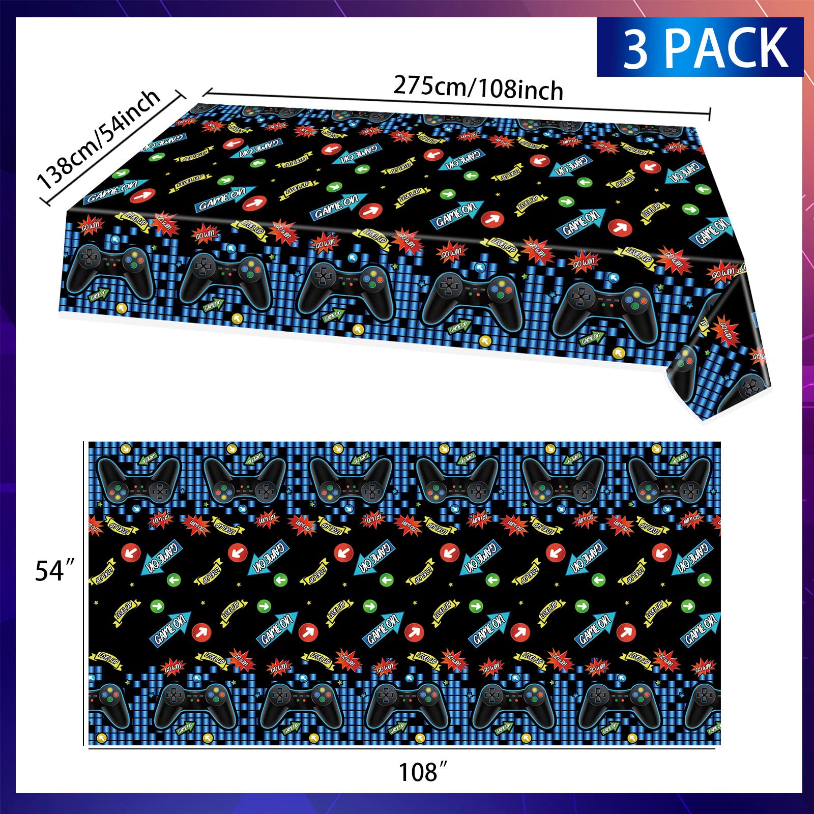 3-Piece Blue Video Game Tablecloth Set - 108''x54'' Gamer Party Supplies, Birthday Decorations for Boys, Plastic Table Cover for Gaming Theme Events, Game Night & Birthday Parties