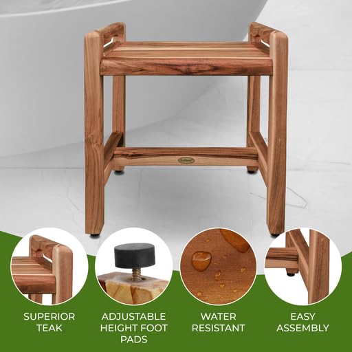 EcoDecors Eleganto 20 Inch Waterproof Teak Wood Shower Bench - Non-Slip Bath Stool Seat with Storage for Bathroom Safety & Organization - Perfect for Elderly, Spa, and Small Space Showers