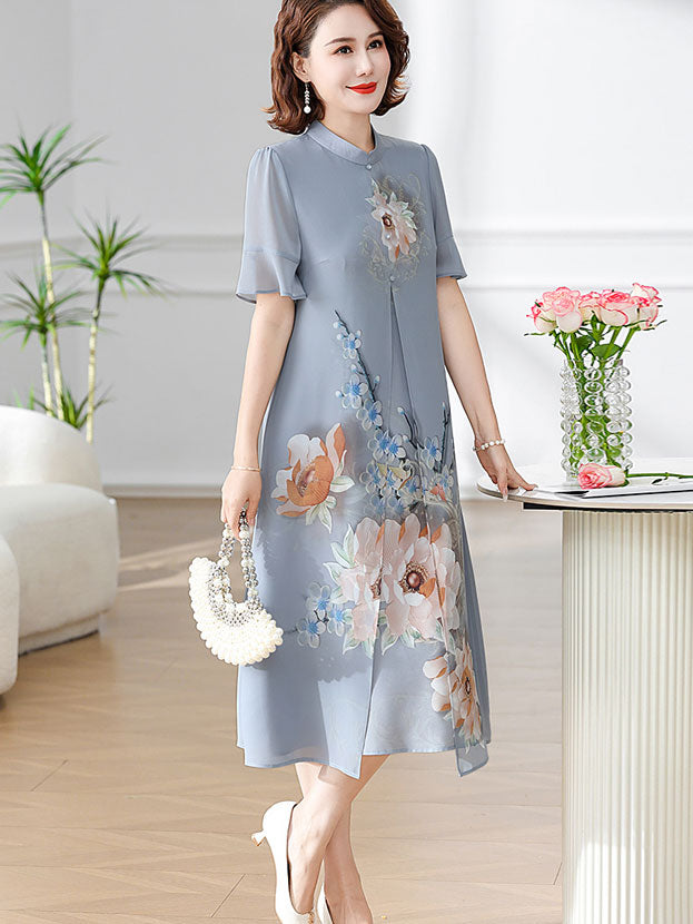 Elegant Floral Print A-Line Qipao Cheongsam Dress for Women - Vintage Chinese Style Mother's Day Gift & Special Occasion Outfit