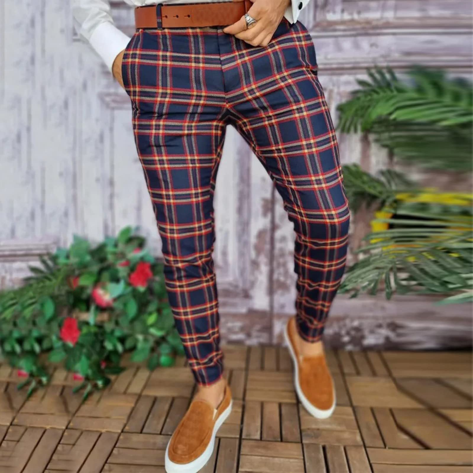 2022 Men's Classic Fit Plaid Print Casual Work Pants - Slim Fit Business Dress Pants with Pockets in Navy | Perfect for Office, Business Meetings & Smart Casual Outfits