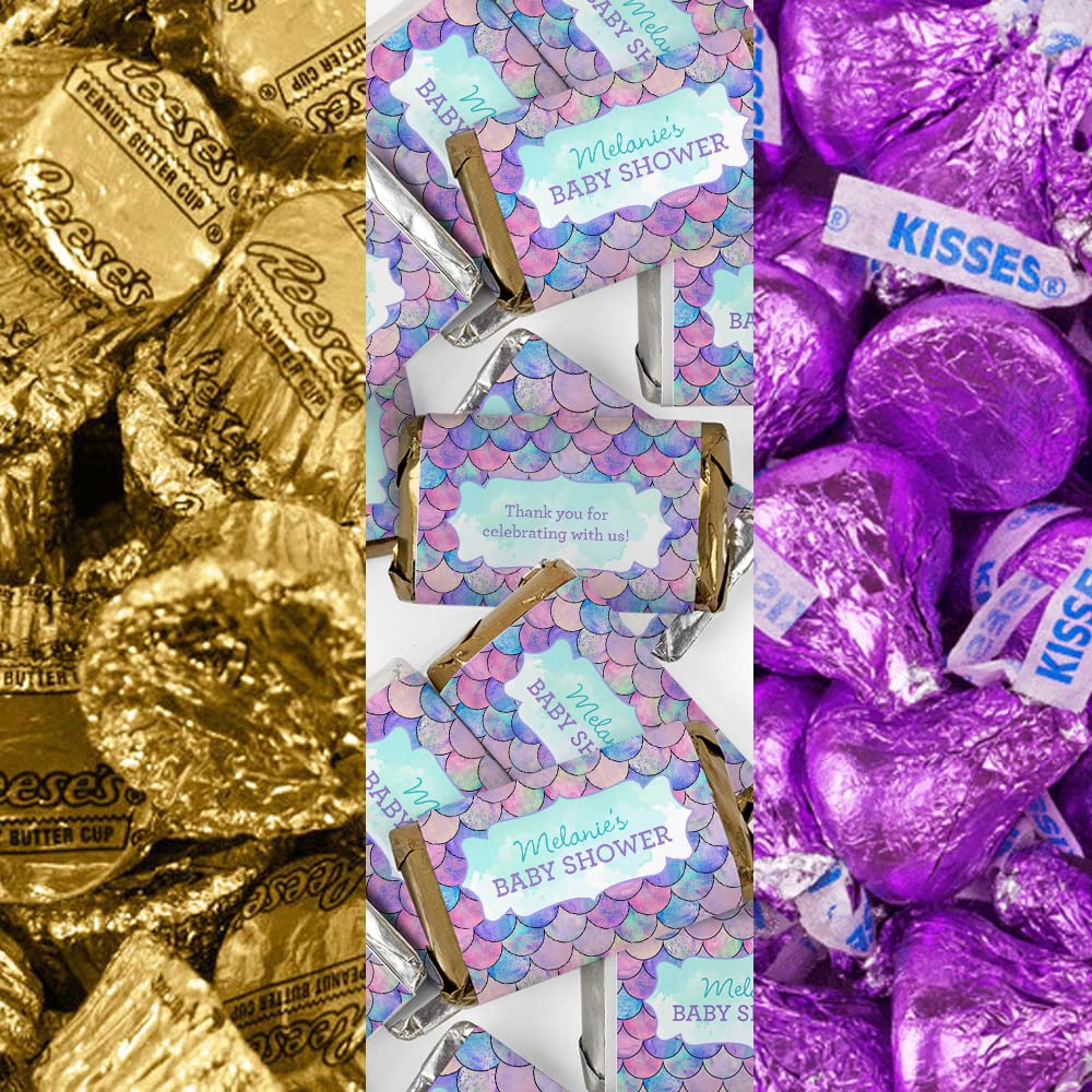 200pcs Personalized Mermaid Baby Shower Candy Kit - Custom Party Favors for Guests, Baby Shower Buffet Supplies (Miniatures, Purple Kisses, Peanut Butter Cups) - Perfect for Mermaid-Themed Baby Showers, Birthday Parties & Gender Reveals