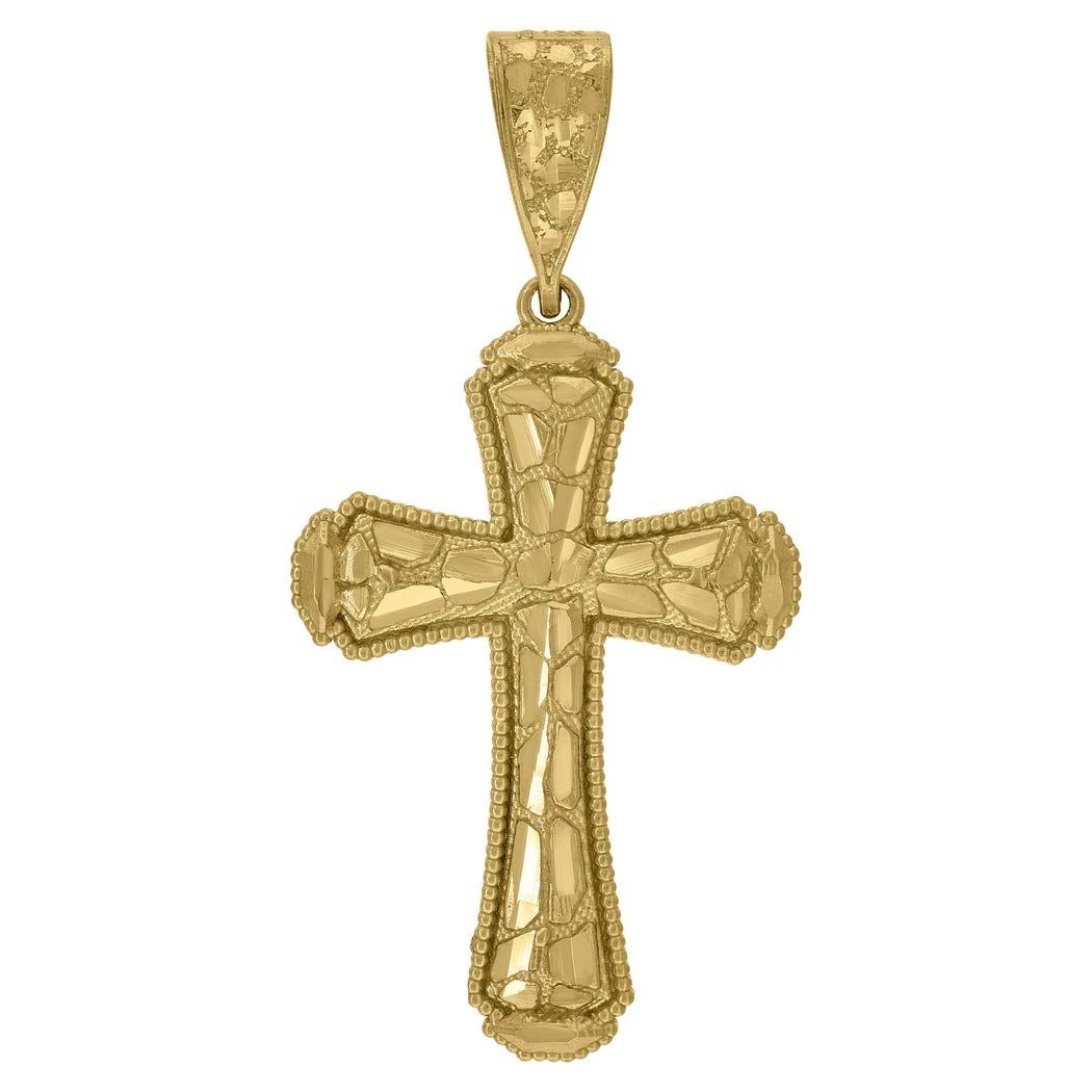 10K Yellow Gold Nugget Textured Cross Pendant Necklace for Men & Women - 54.6x27.30mm Religious Jewelry Gift - Perfect for Baptism, Confirmation & Daily Wear