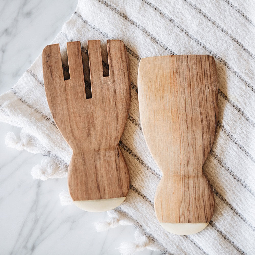 Premium Wild Olive Wood Salad Servers Set - Handcrafted Wooden Paddle Utensils for Serving Tossed Salads, Pasta & Appetizers - Perfect for Dinner Parties, BBQs & Healthy Eating