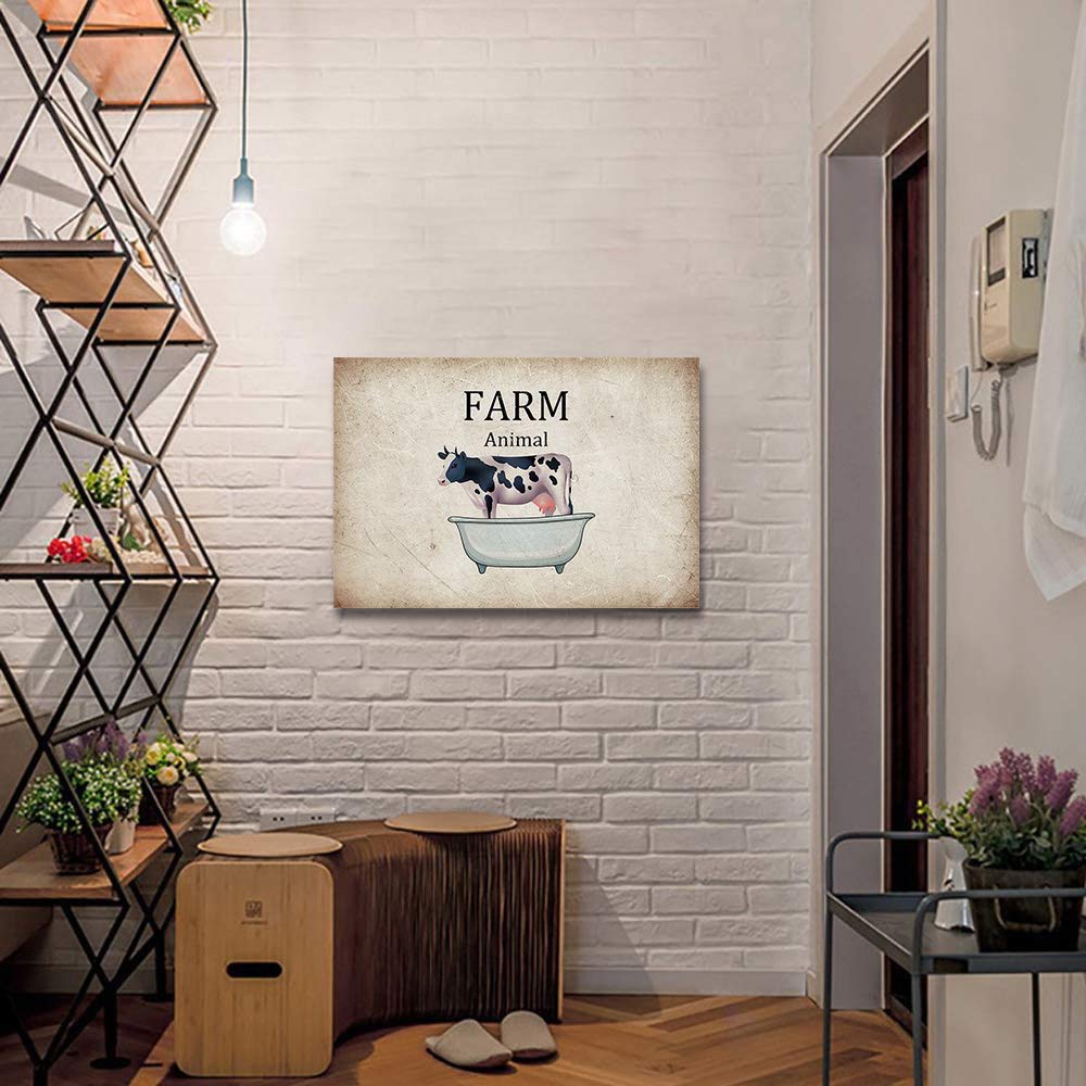 Funny Cow in Bathtub Canvas Wall Art - Retro Farm Animal Painting for Living Room, Bedroom & Bathroom Decor - 24x16 Inch Ready to Hang Picture - Perfect for Farmhouse, Country Style or Humorous Home Decor
