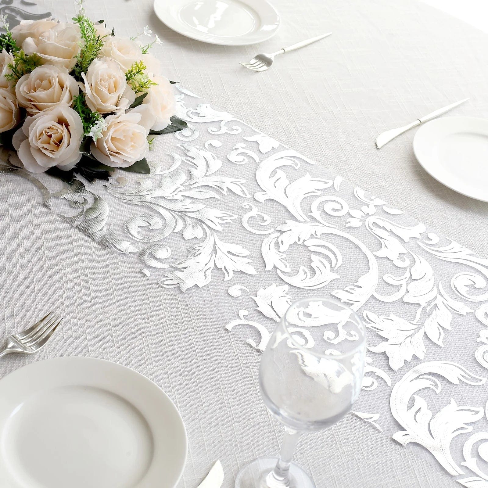 12-Pack 108-Inch Metallic Sheer Organza Table Runners with Elegant Swirl Floral Design - Perfect for Weddings, Parties, and Holiday Decorations