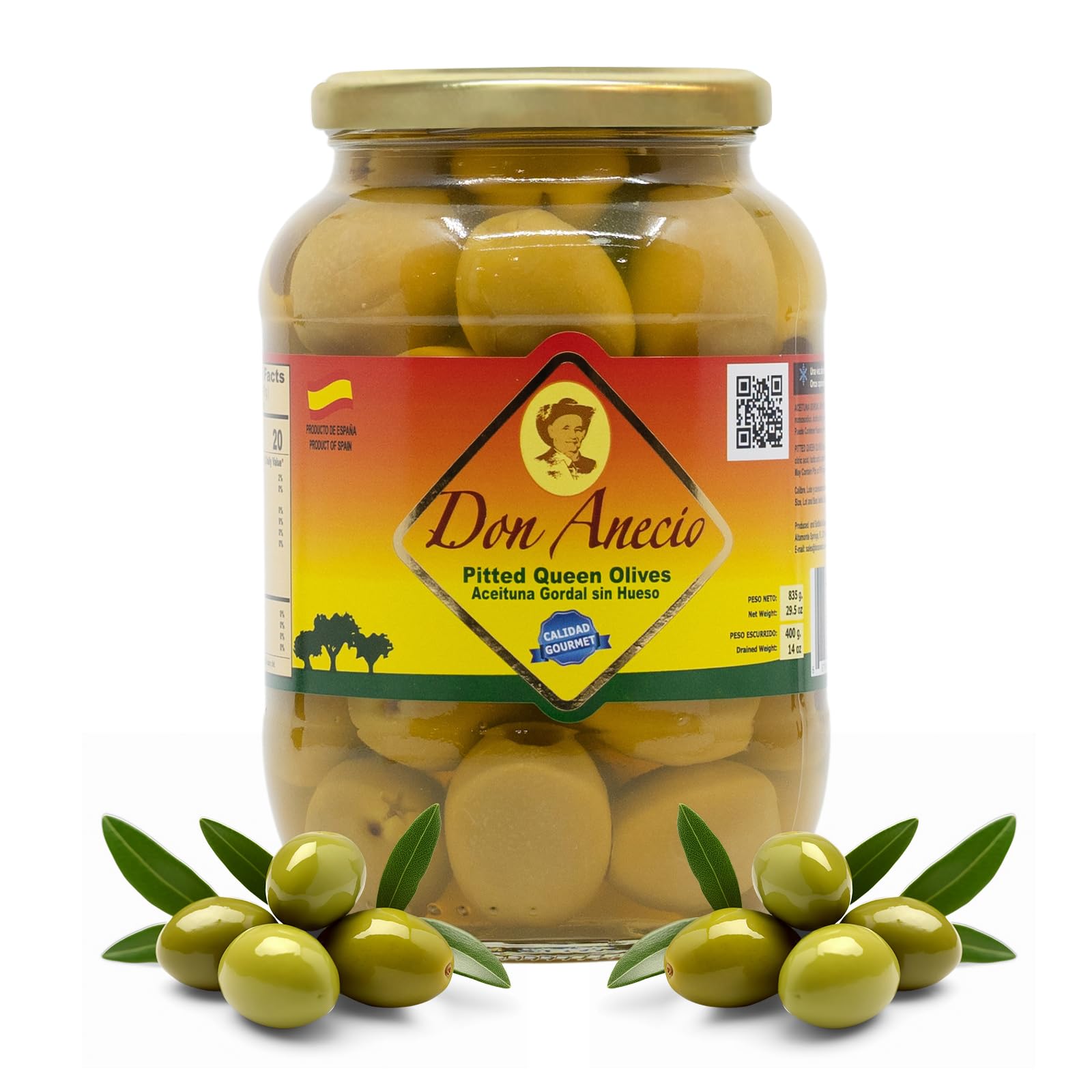 Don Anecio Premium Pitted Queen Green Olives - 29.5 Oz Jar, Gourmet Spanish Gordal Olives, Hand-Picked Jumbo Size, Authentic Mediterranean Delight - Perfect for Salads, Charcuterie Boards & Tapas