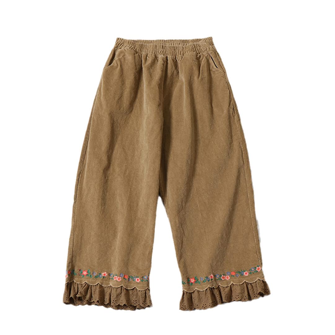 Vintage Corduroy Wide Leg Pants for Women - Elastic Waist Embroidered Lace Trousers (Fall & Winter Fashion) | Perfect for Casual Outings, Office Wear & Boho Chic Style