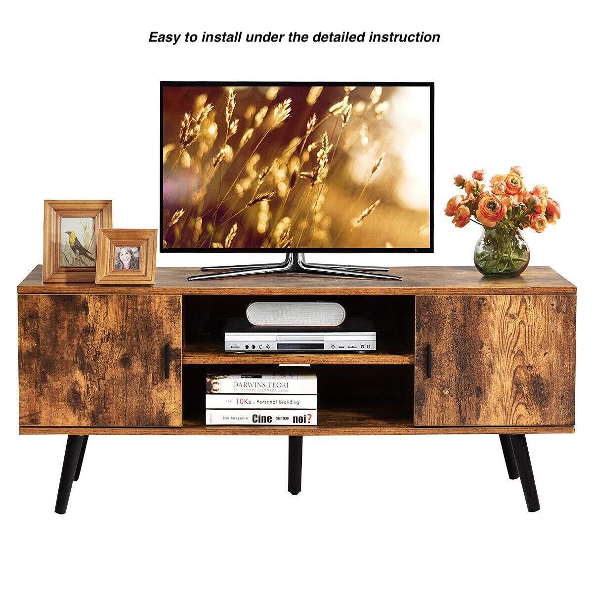 2-Tier TV Stand with Open Shelves & Storage Cabinets - Holds 55