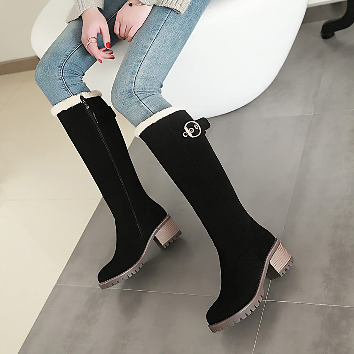 Viuluti Women's Winter Knee High Snow Boots - Warm Fur Lined Waterproof Nubuck Leather Tall Boots with Chunky Heel for Snow, Cold Weather & Outdoor Activities